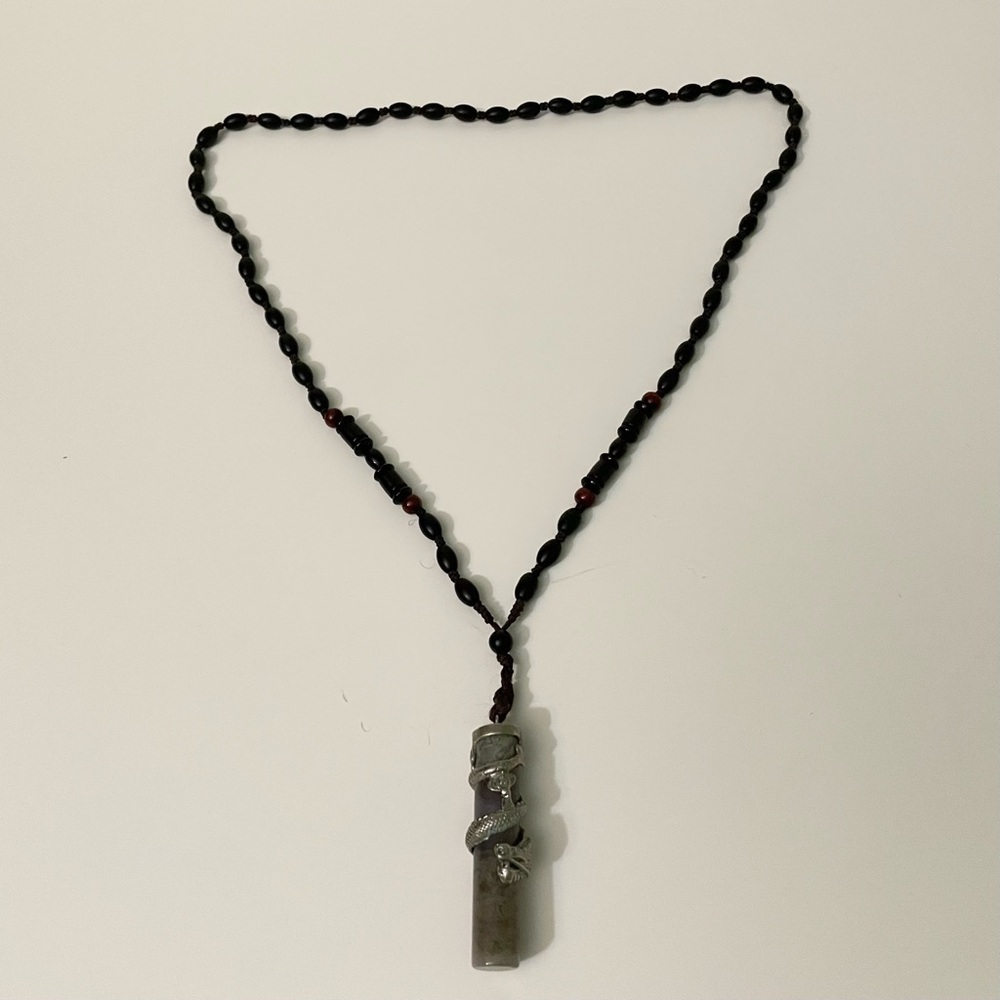 Vintage Dragon Wrapped Stone Cylinder Necklace Gothic Boho
